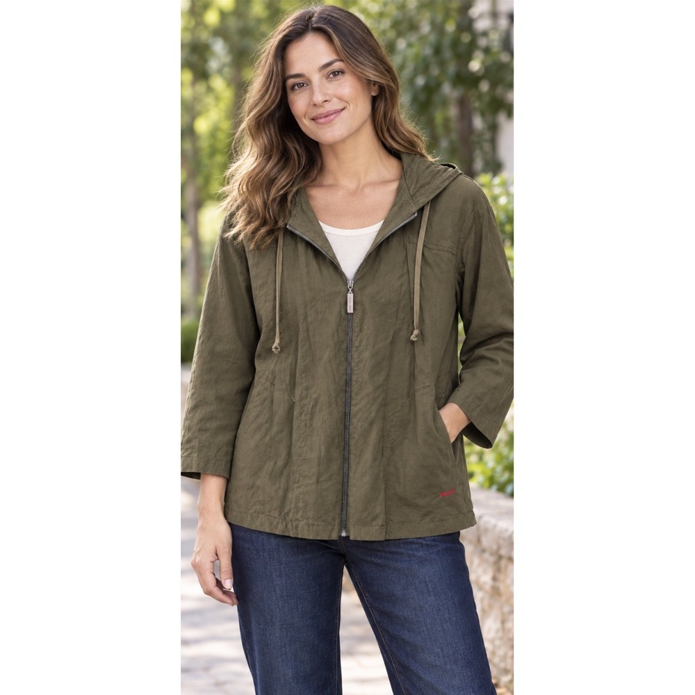 Peace Love World Medium Boheme Zip-Front Hooded Boxy Jacket Rich Olive Linen